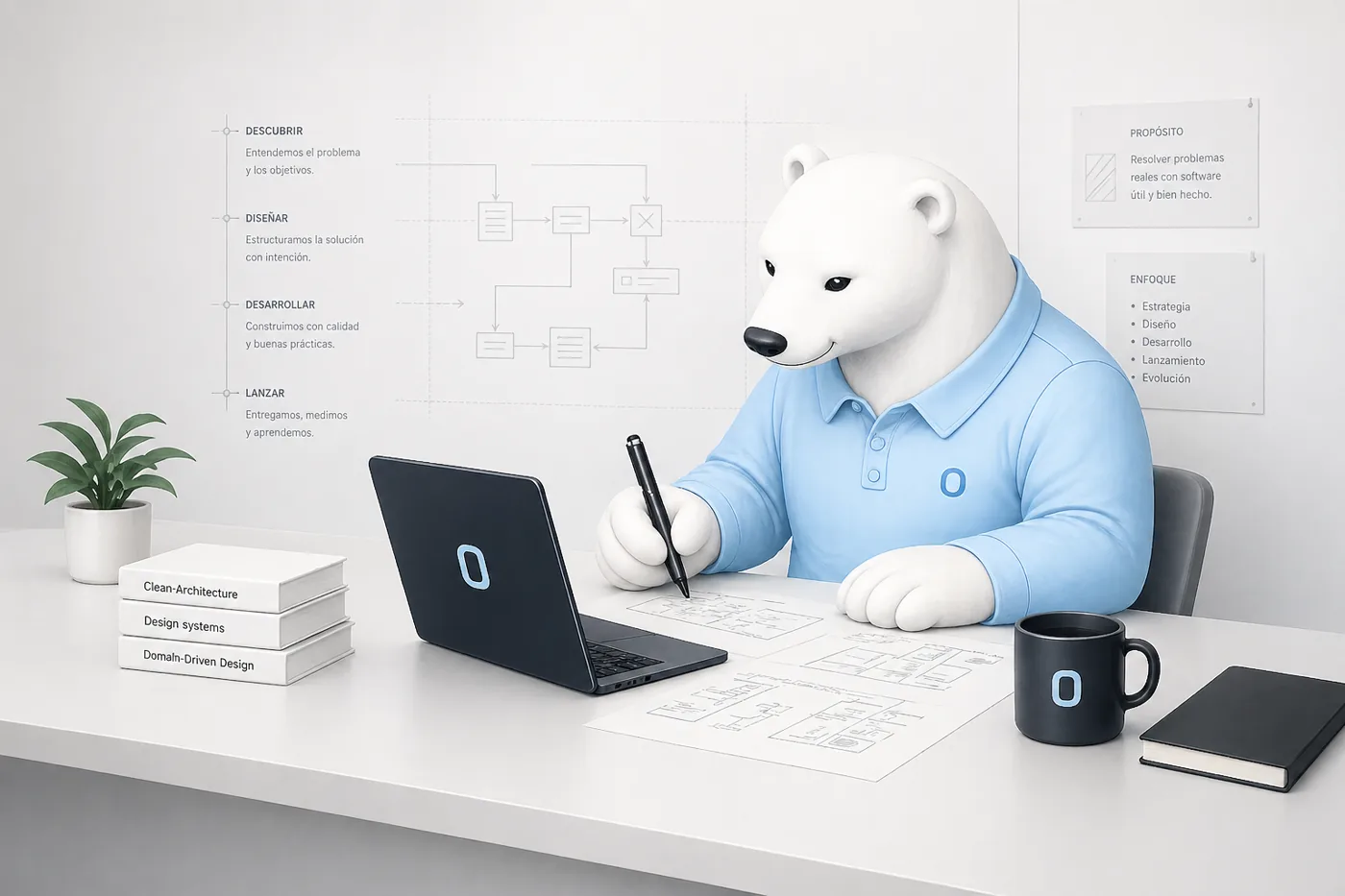 Polar Zero mascot at desk